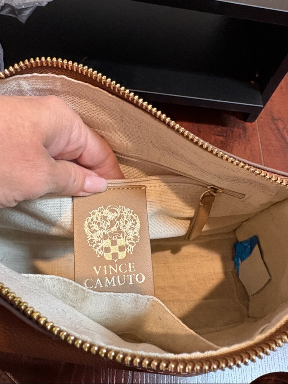 Vince Camuto Cognac Braided-Handle Leather Shoulder Bag - Picture 4 of 5